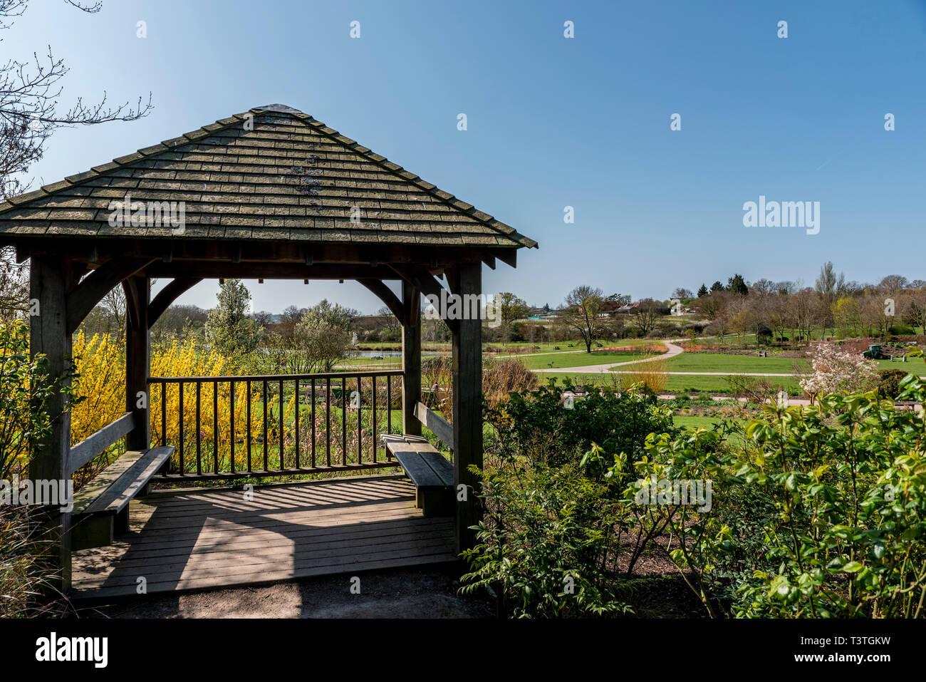 Royal Horticultural Society, Gazebo, Clover Hill. Peaceful resting place in RHS Hyde Hall, with spring sunshine. Stock Photo