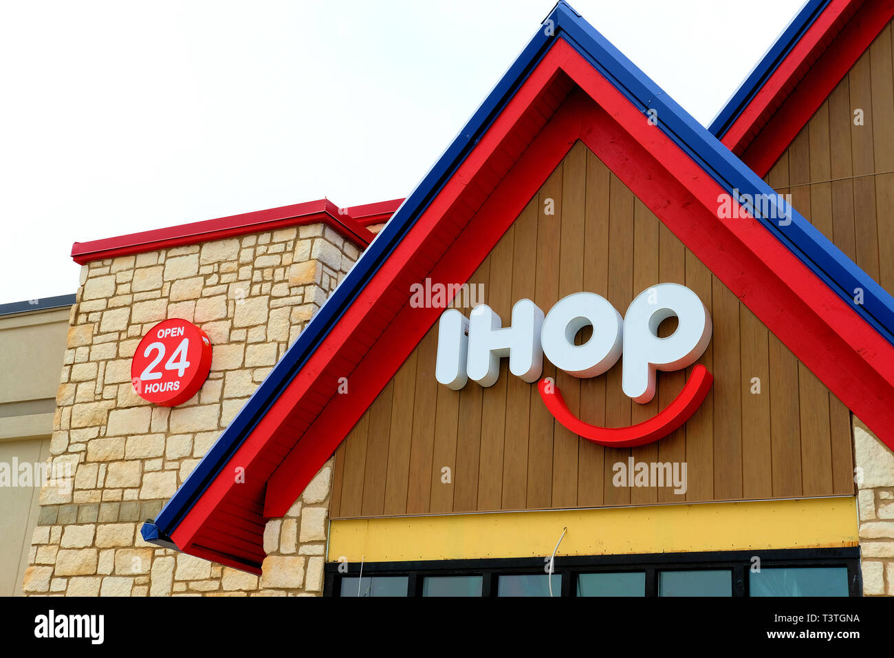 New IHOP restaurant location in 2019, under construction; IHOP logo on a restaurant exterior; College Station, Texas, USA. Stock Photo