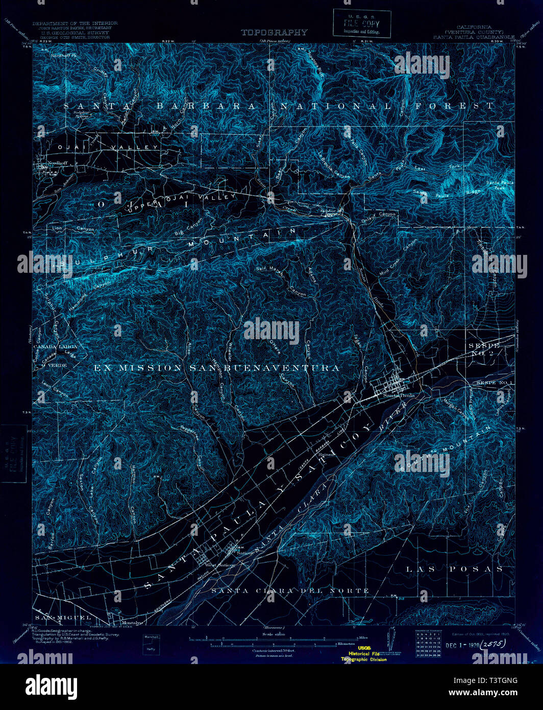 USGS TOPO Map California CA Santa Paula 298957 1903 62500 Inverted Restoration Stock Photo