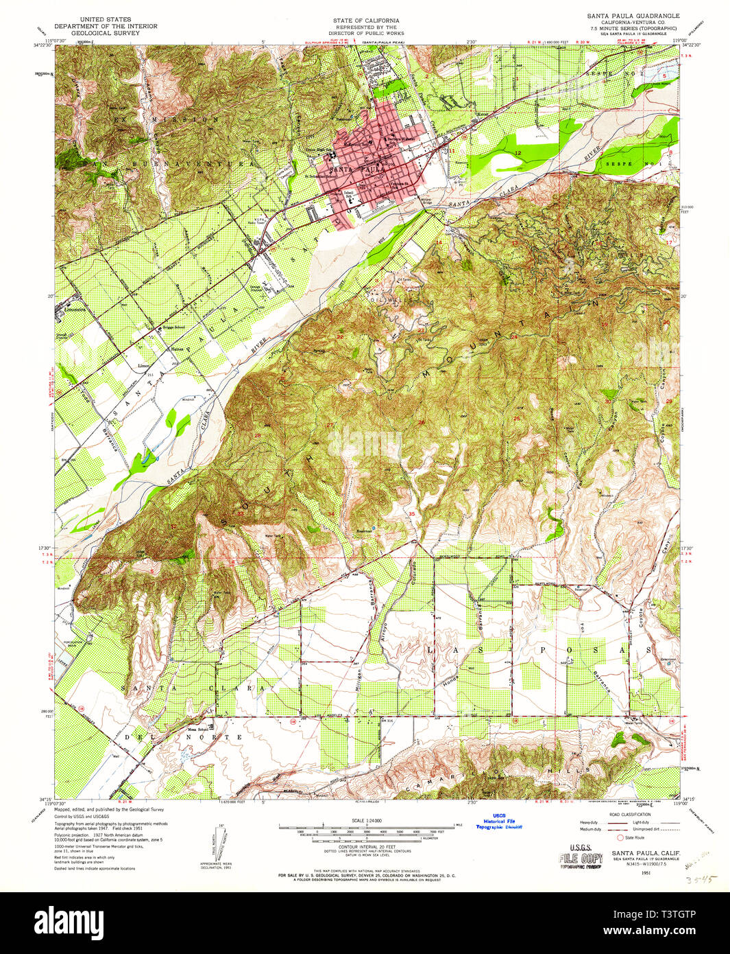 USGS TOPO Map California CA Santa Paula 300277 1951 24000 Restoration Stock Photo