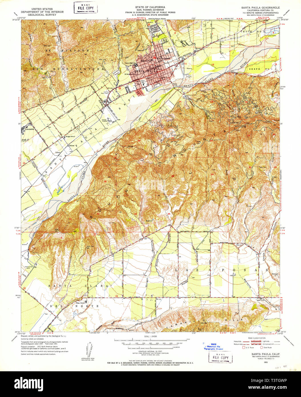 USGS TOPO Map California CA Santa Paula 300278 1951 24000 Restoration Stock Photo