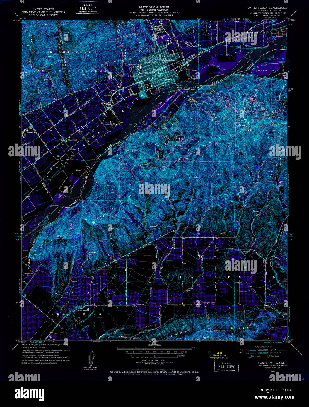 USGS TOPO Map California CA Santa Paula 300278 1951 24000 Inverted Restoration Stock Photo