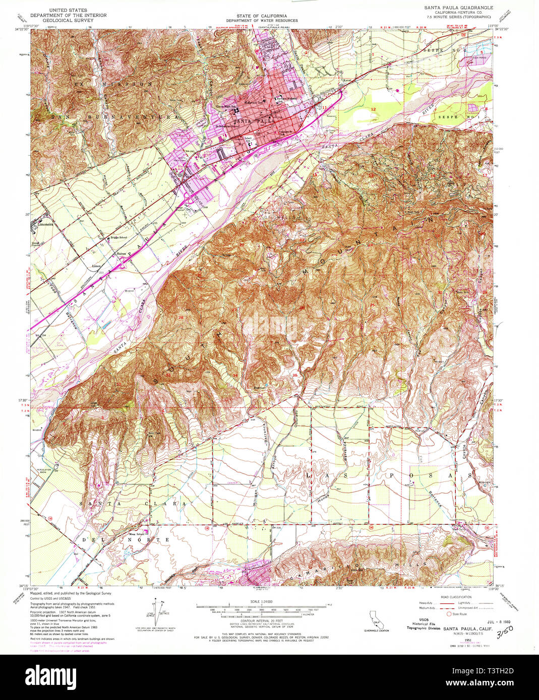 USGS TOPO Map California CA Santa Paula 300280 1951 24000 Restoration Stock Photo