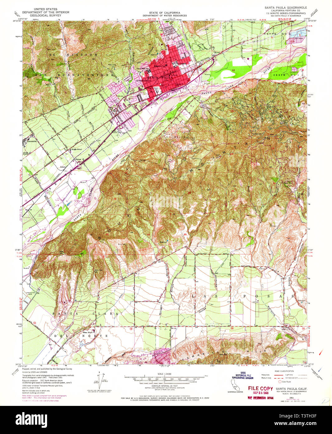 USGS TOPO Map California CA Santa Paula 300281 1951 24000 Restoration Stock Photo
