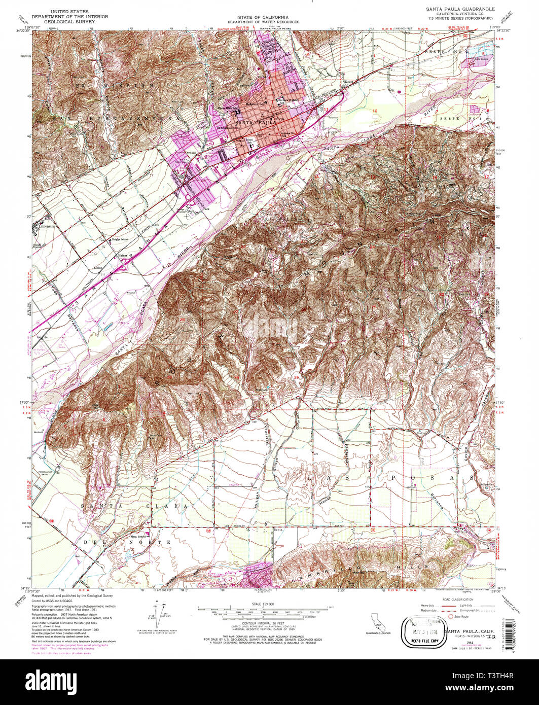 USGS TOPO Map California CA Santa Paula 300282 1951 24000 Restoration Stock Photo