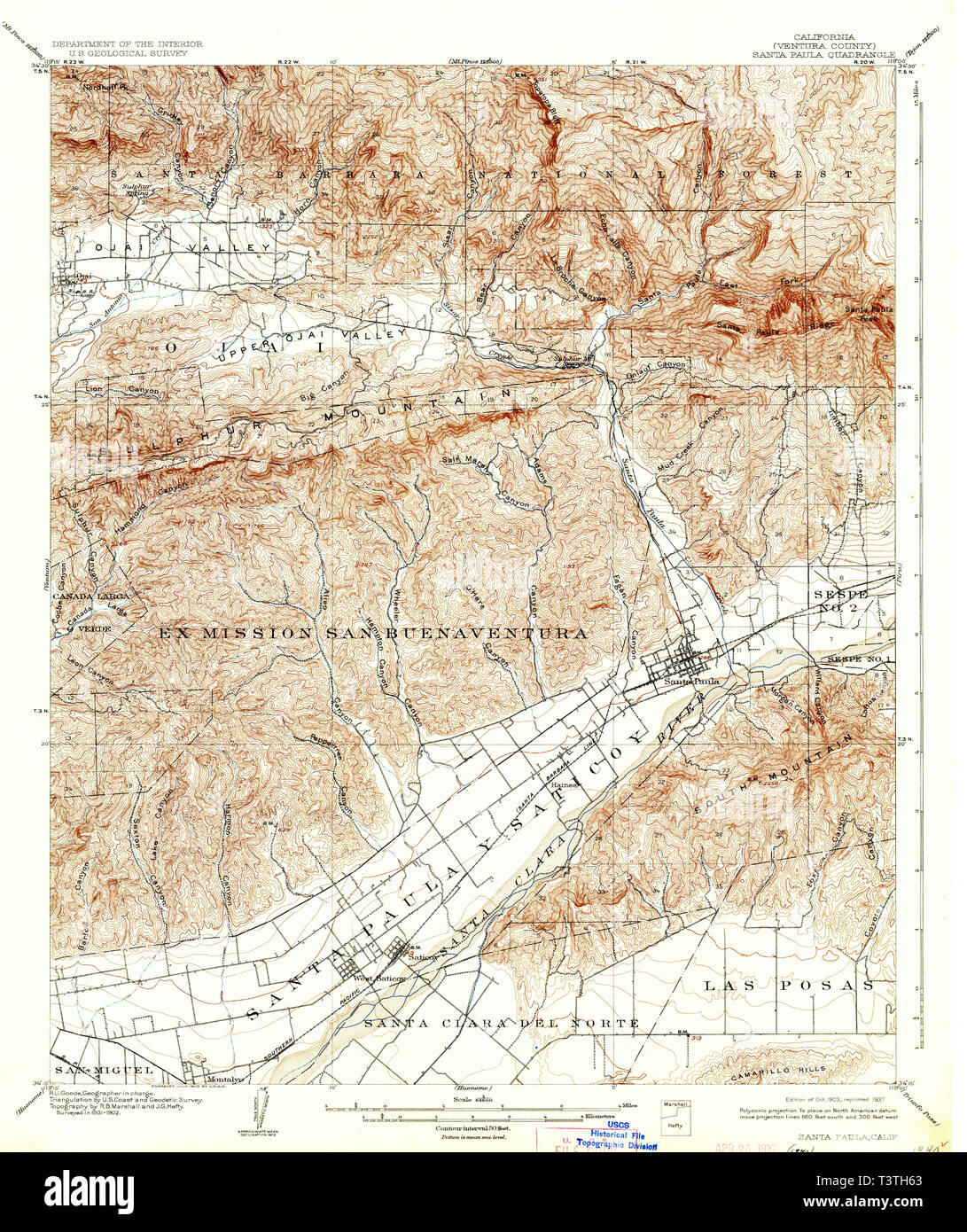 USGS TOPO Map California CA Santa Paula 301620 1903 62500 Restoration Stock Photo