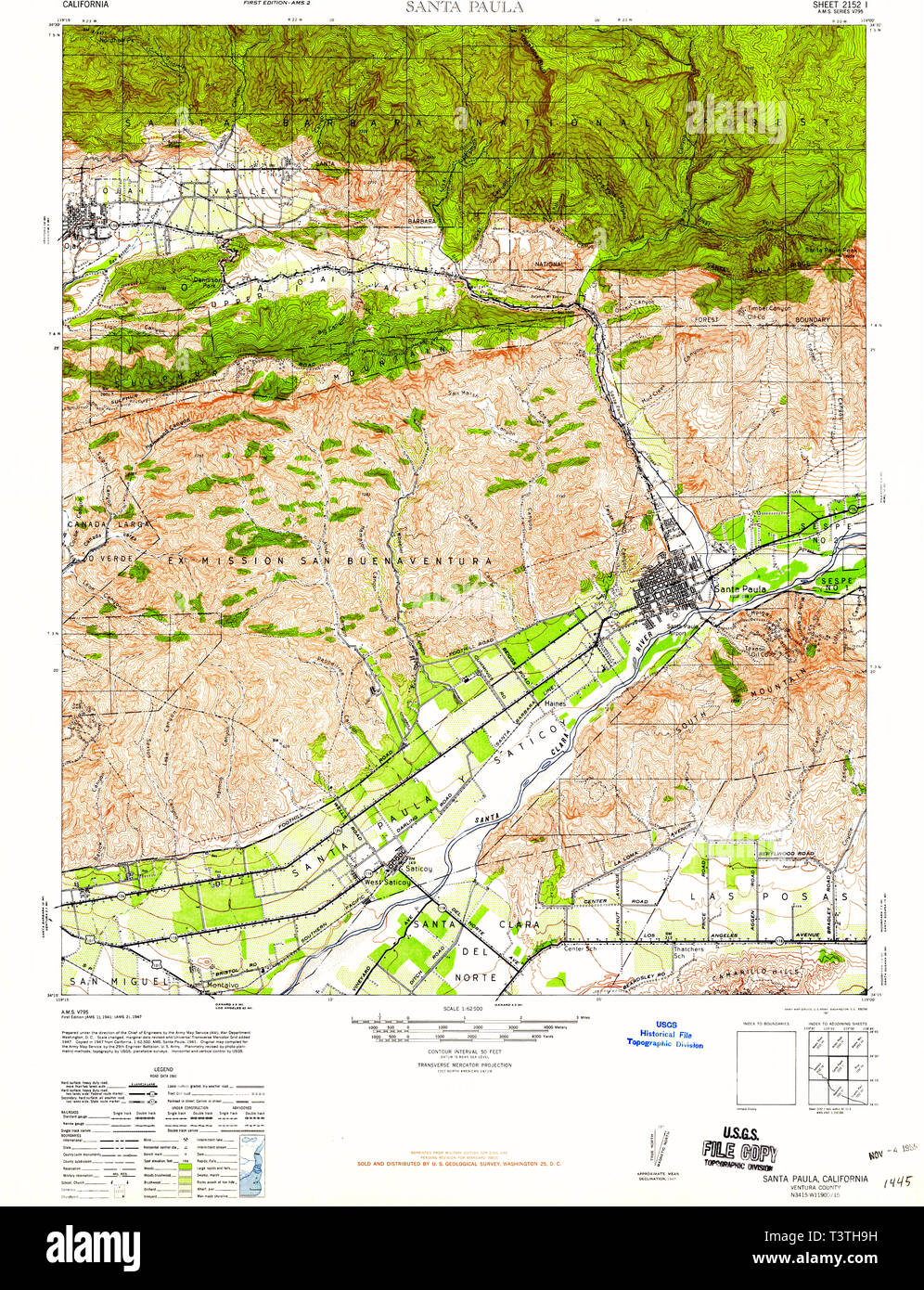 USGS TOPO Map California CA Santa Paula 301623 1947 62500 Restoration Stock Photo