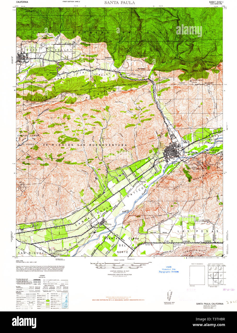 USGS TOPO Map California CA Santa Paula 301624 1964 62500 Restoration Stock Photo