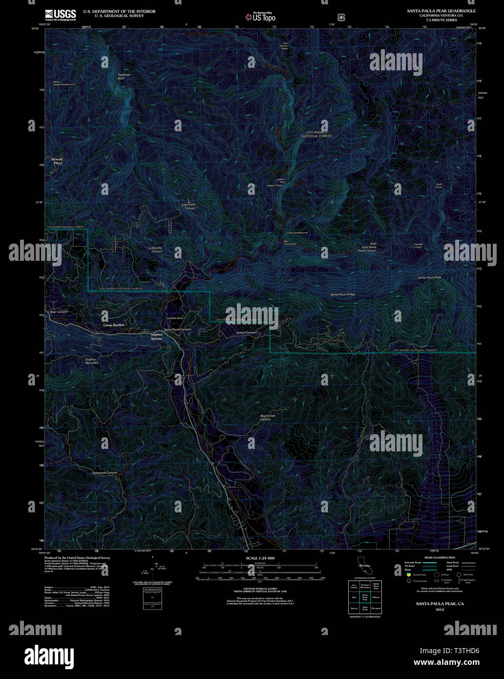 USGS TOPO Map California CA Santa Paula Peak 20120405 TM Inverted Restoration Stock Photo