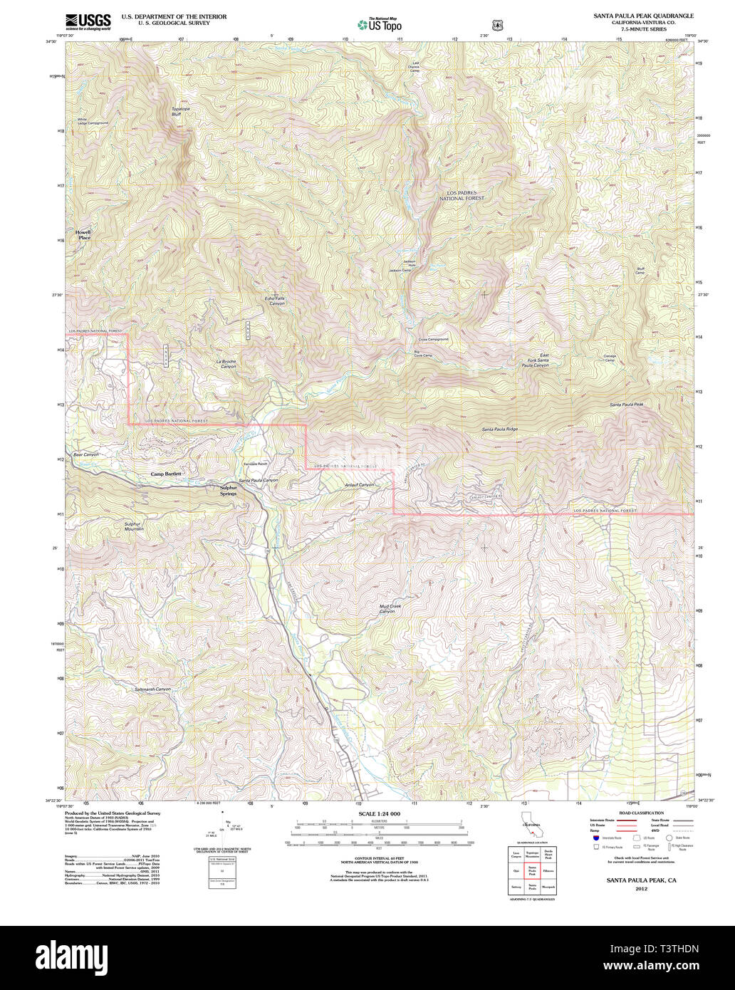 USGS TOPO Map California CA Santa Paula Peak 20120405 TM Restoration Stock Photo