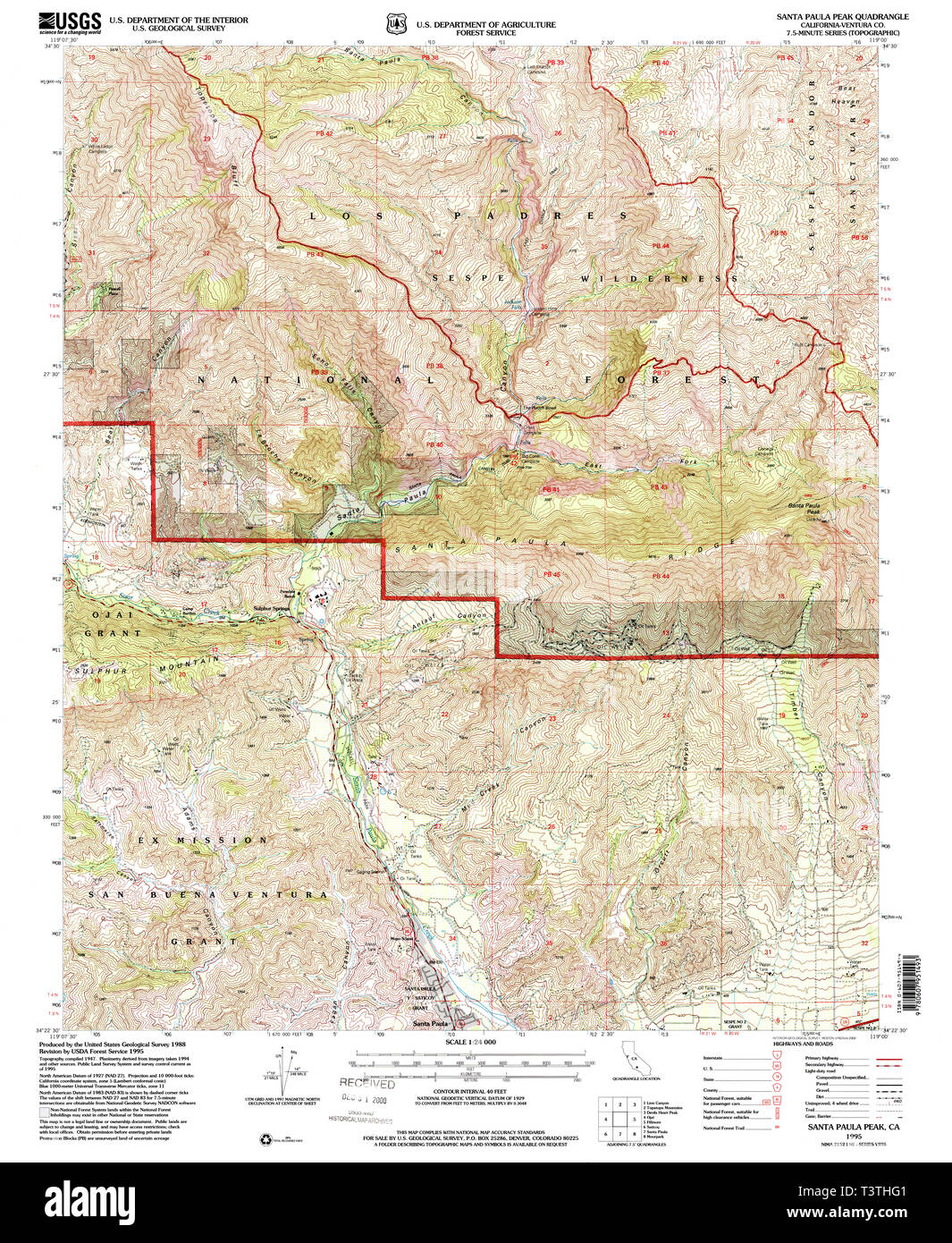 USGS TOPO Map California CA Santa Paula Peak 295083 1995 24000 Restoration Stock Photo