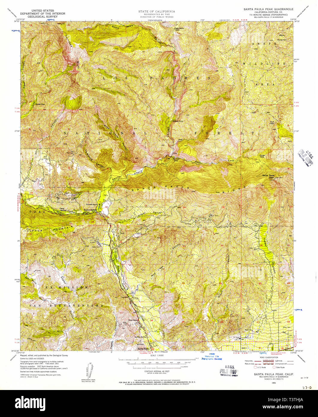 USGS TOPO Map California CA Santa Paula Peak 300283 1951 24000 Restoration Stock Photo