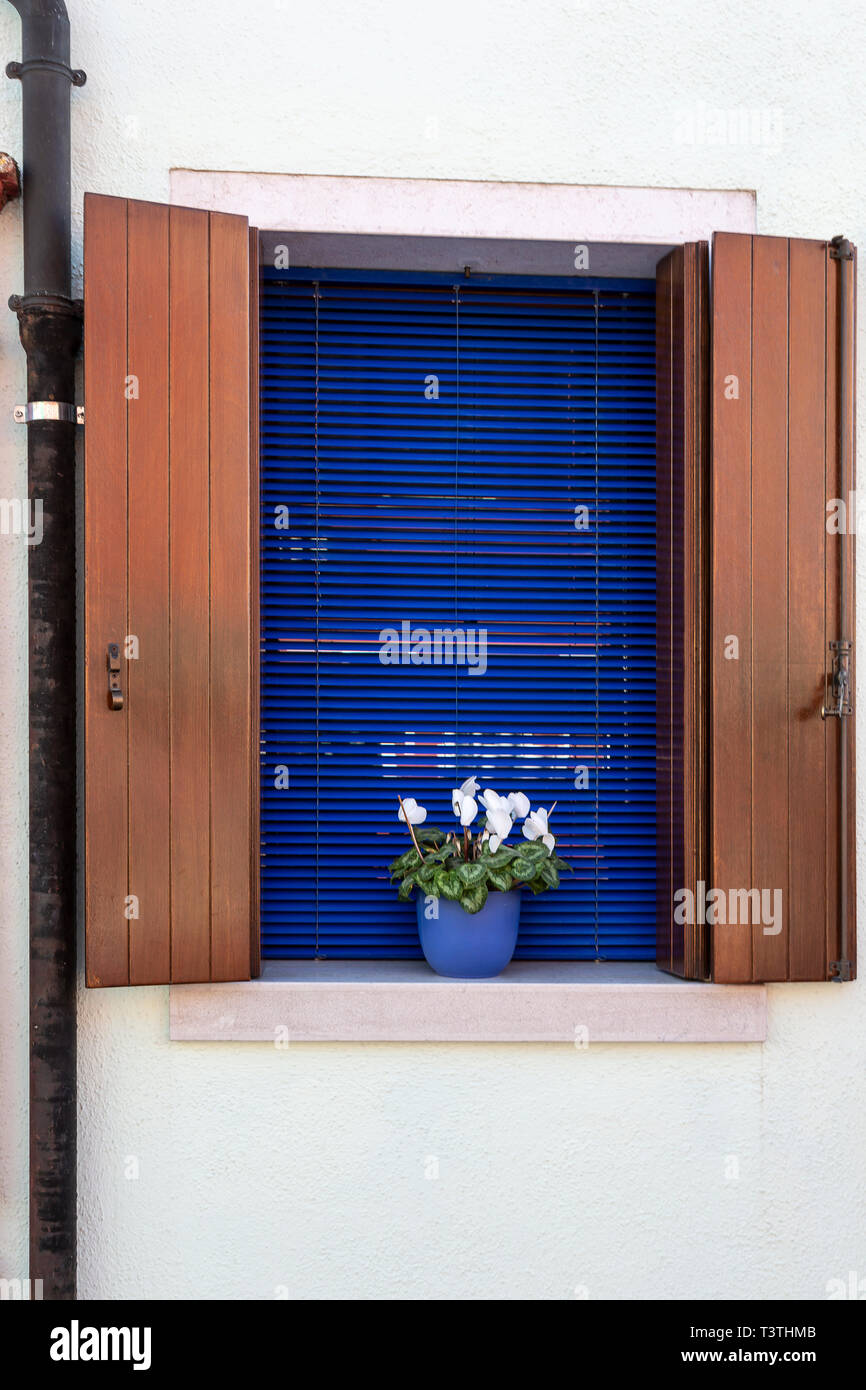 Flower Pots In Burano Italy Stock Photo