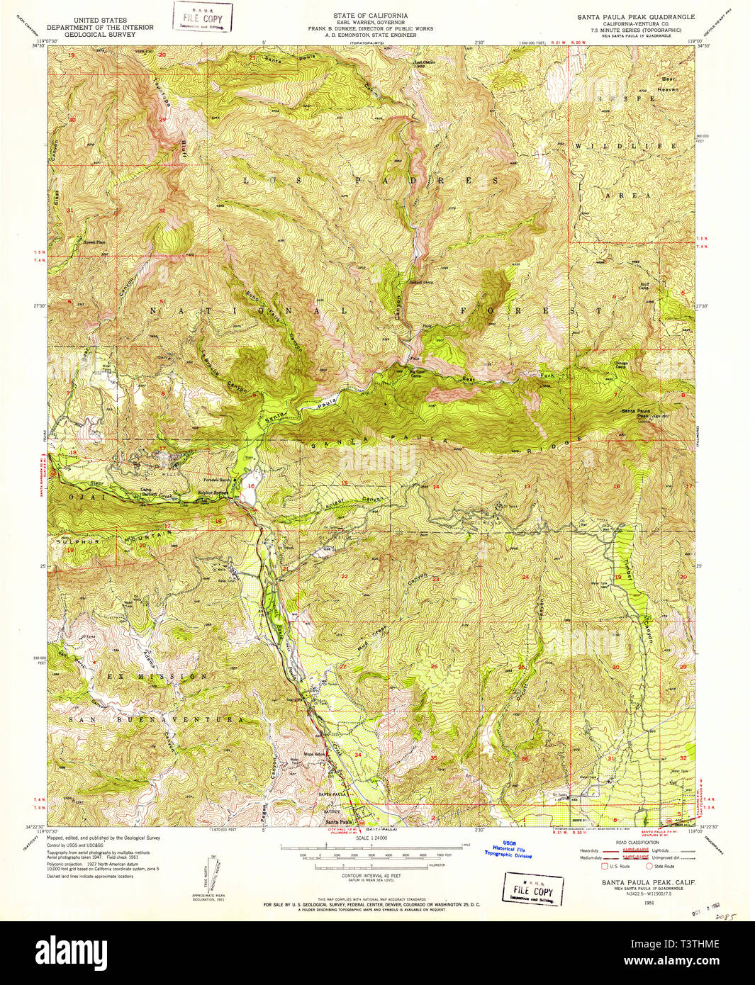 USGS TOPO Map California CA Santa Paula Peak 300284 1951 24000 Restoration Stock Photo
