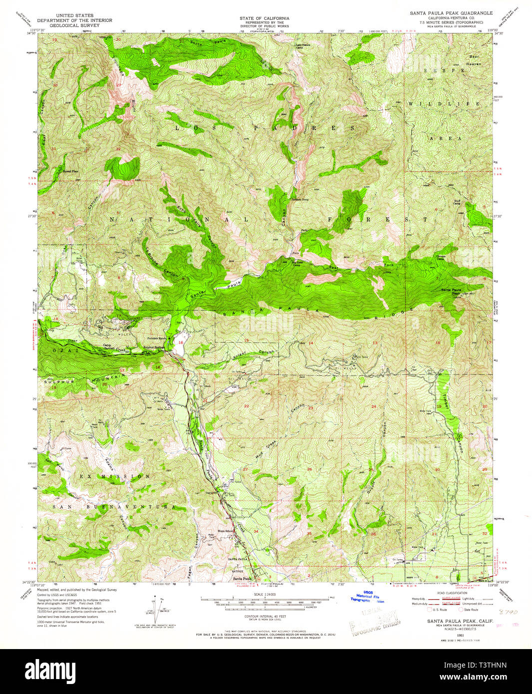 USGS TOPO Map California CA Santa Paula Peak 300285 1951 24000 Restoration Stock Photo