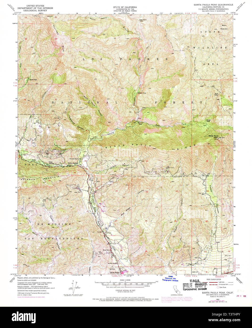 USGS TOPO Map California CA Santa Paula Peak 300286 1951 24000 Restoration Stock Photo