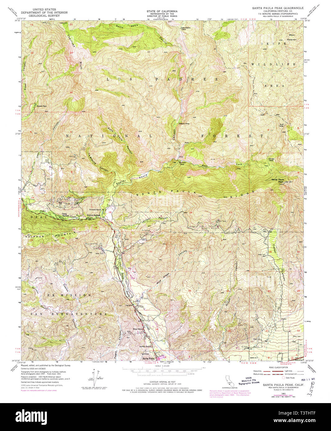 USGS TOPO Map California CA Santa Paula Peak 300287 1951 24000 Restoration Stock Photo