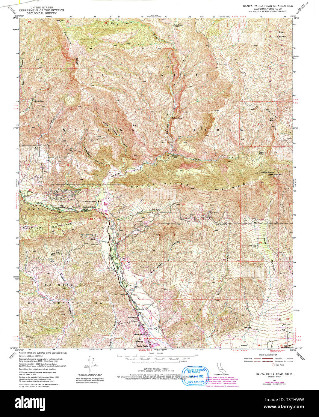 USGS TOPO Map California CA Santa Paula Peak 300288 1951 24000 Restoration Stock Photo