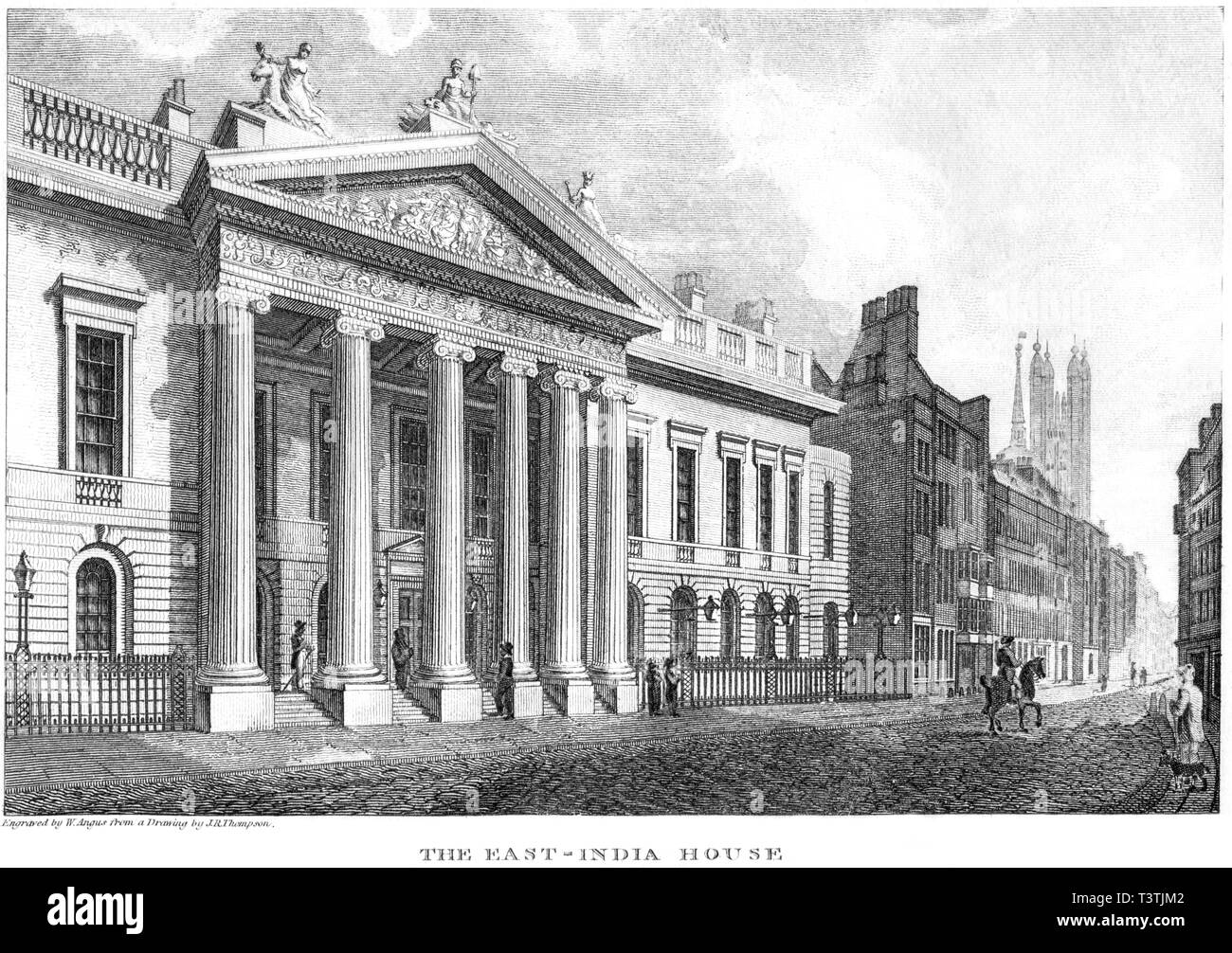 An engraving of The East India House, London UK scanned at high resolution from a book published in 1814. Believed copyright free. Stock Photo