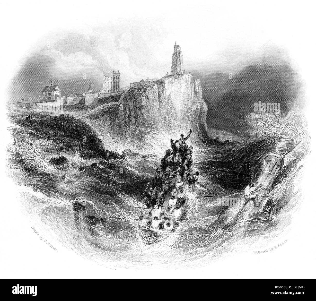 An engraving of Tynemouth Priory and Light House, The Life Boat scanned at high resolution from a book published in 1842.  Believed copyright free. Stock Photo