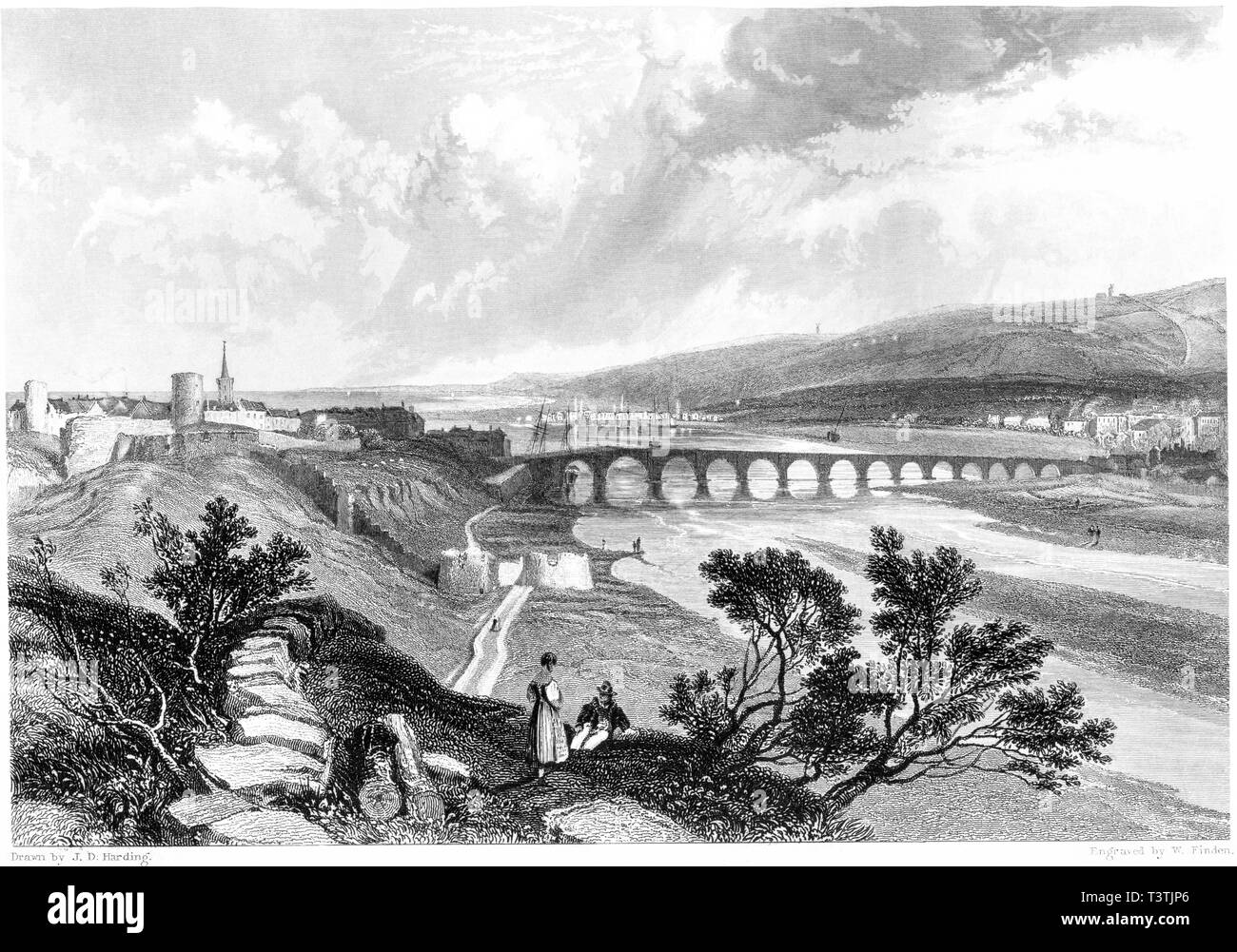 An engraving of Berwick with the Bridge from the NW scanned at high resolution from a book published in 1842. Believed copyright free. Stock Photo