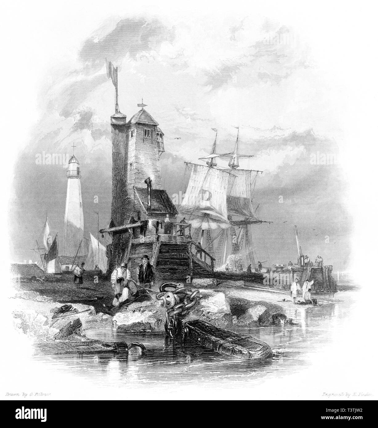 An engraving of Sunderland with the Lighthouse, South Pier scanned at high resolution from a book published in 1842.  Believed copyright free. Stock Photo