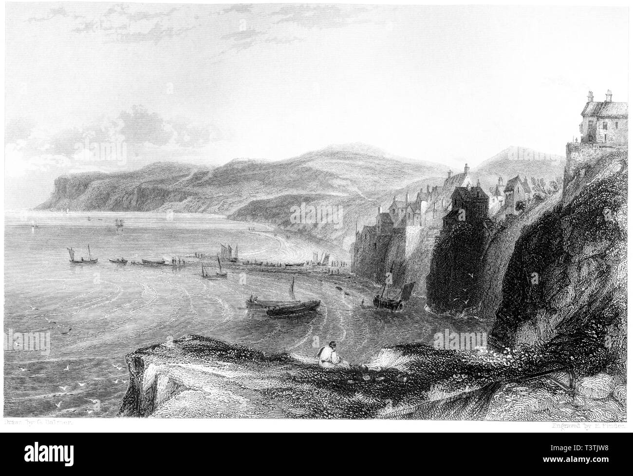 An engraving of Robin Hoods Bay, Yorkshire scanned at high resolution from a book published in 1842. Believed copyright free. Stock Photo