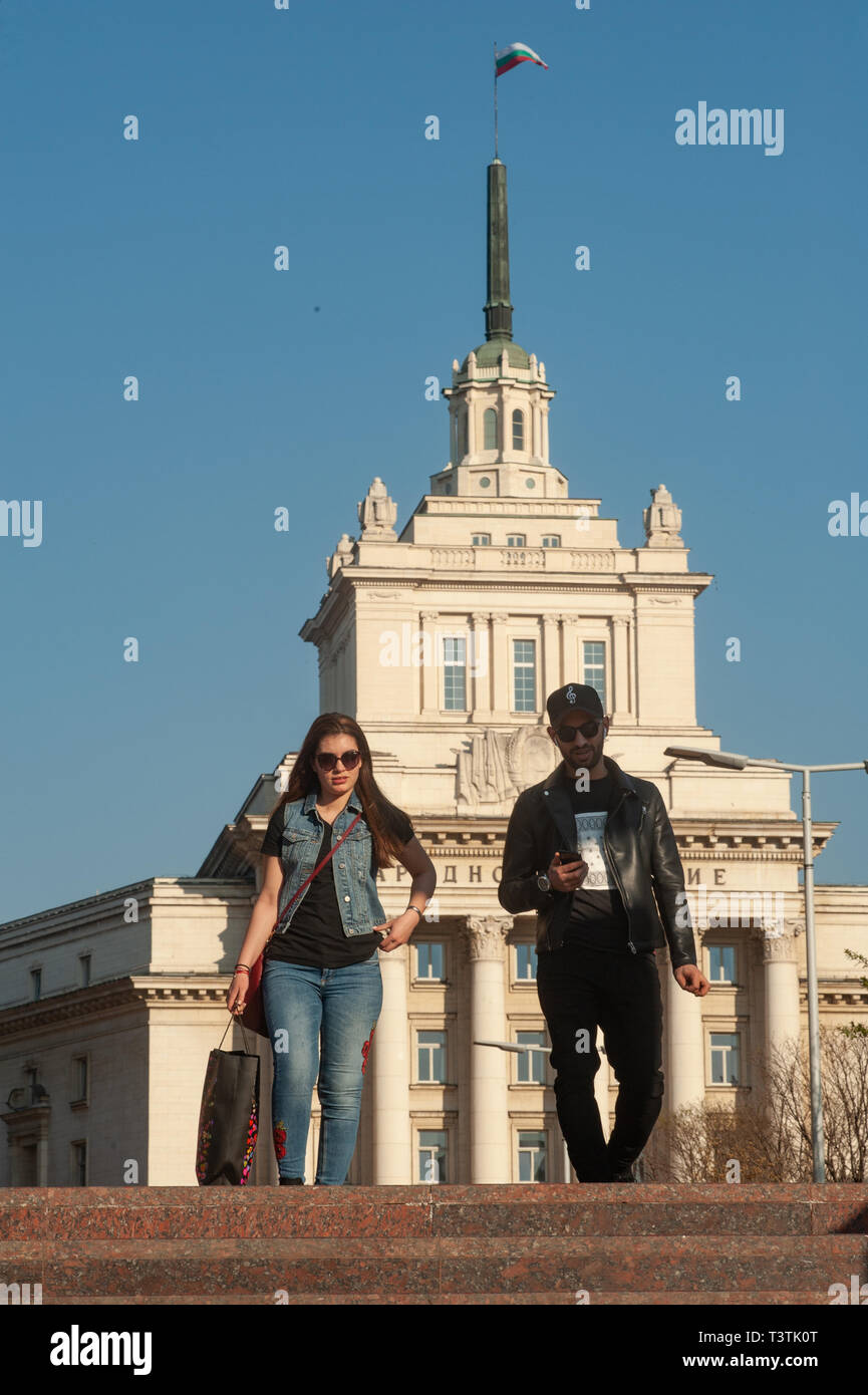 Bulgarian People in front of the former Communist Party Building, Sofia, Bulgaria, Europe, Stock Photo