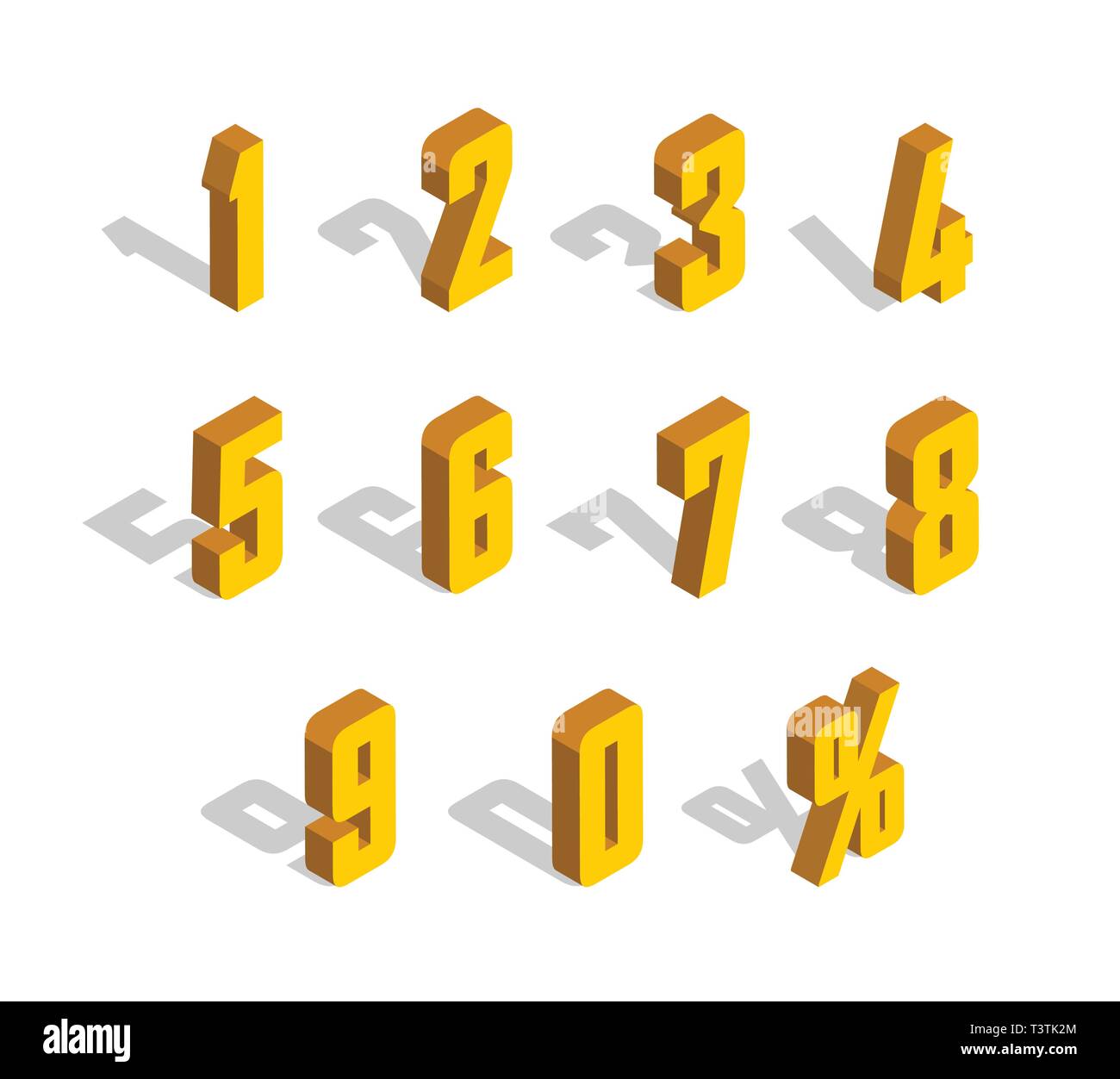 3D golden-yellow Isometric Letter. 0, 1, 2, 3, 4, 5, 6, 7, 8, 9 numeral alphabet. Vector Isolated Number. Stock Vector