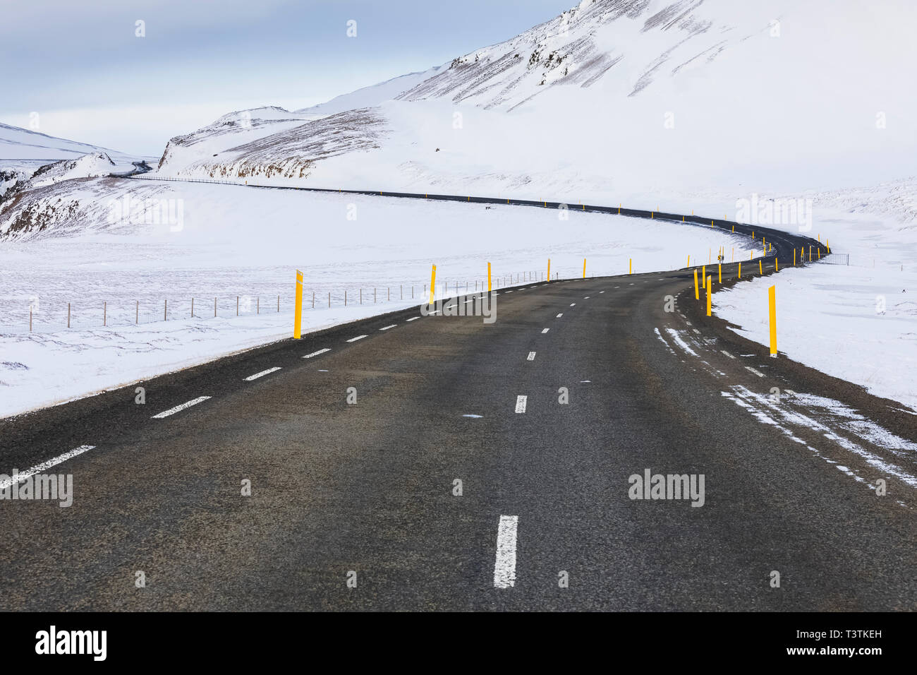 Driving Route 60 north into the Westfjords of Iceland, through winter conditions Stock Photo