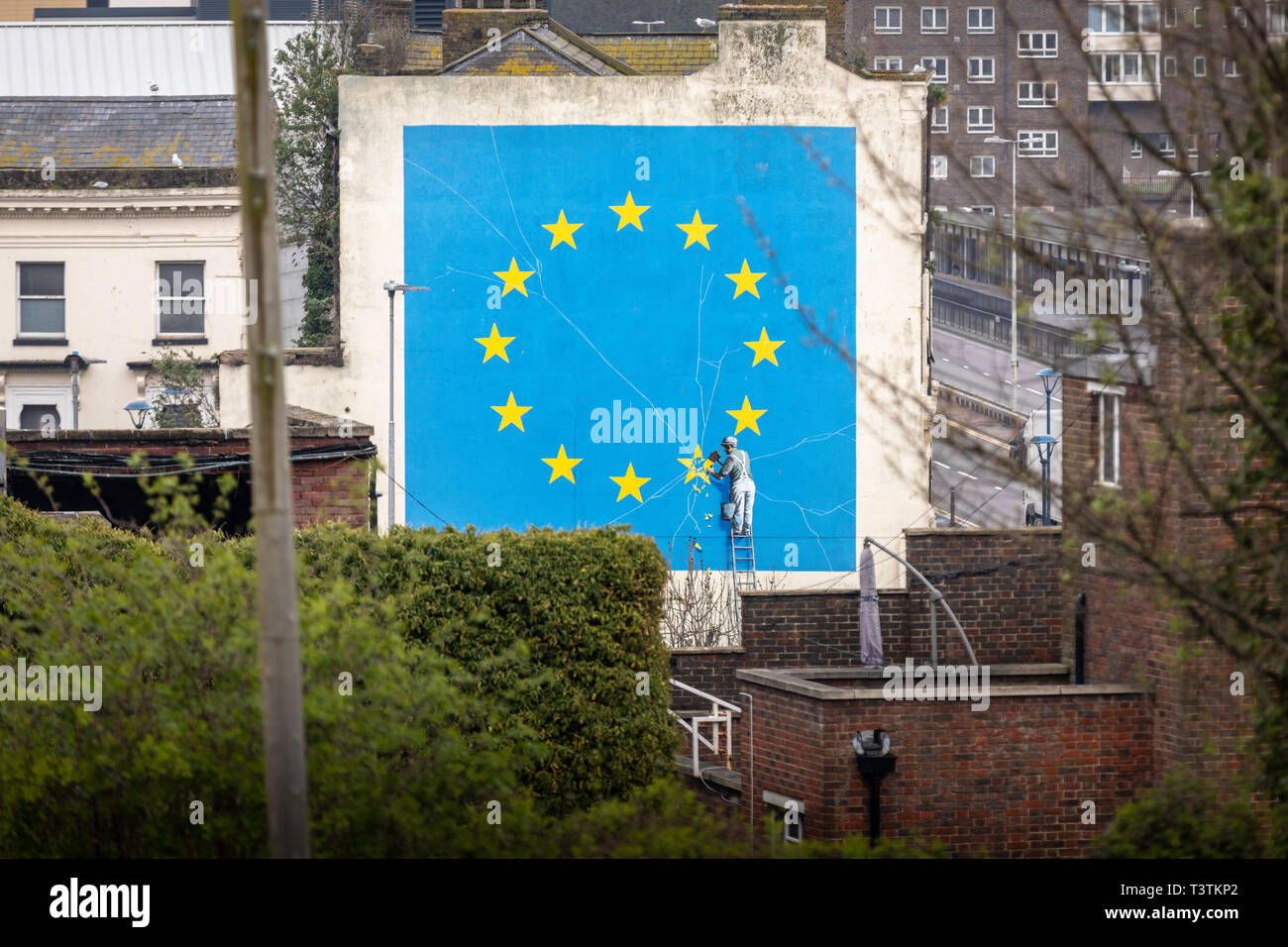 What next for Brexit?? Banksy's famous Brexit mural stands large on the side of a derelict building in Dover.  Picture date Wednesday 10th April, 2019 Stock Photo