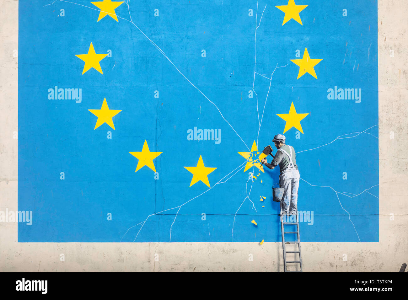 What next for Brexit?? Banksy's famous Brexit mural stands large on the side of a derelict building in Dover.  Picture date Wednesday 10th April, 2019 Stock Photo