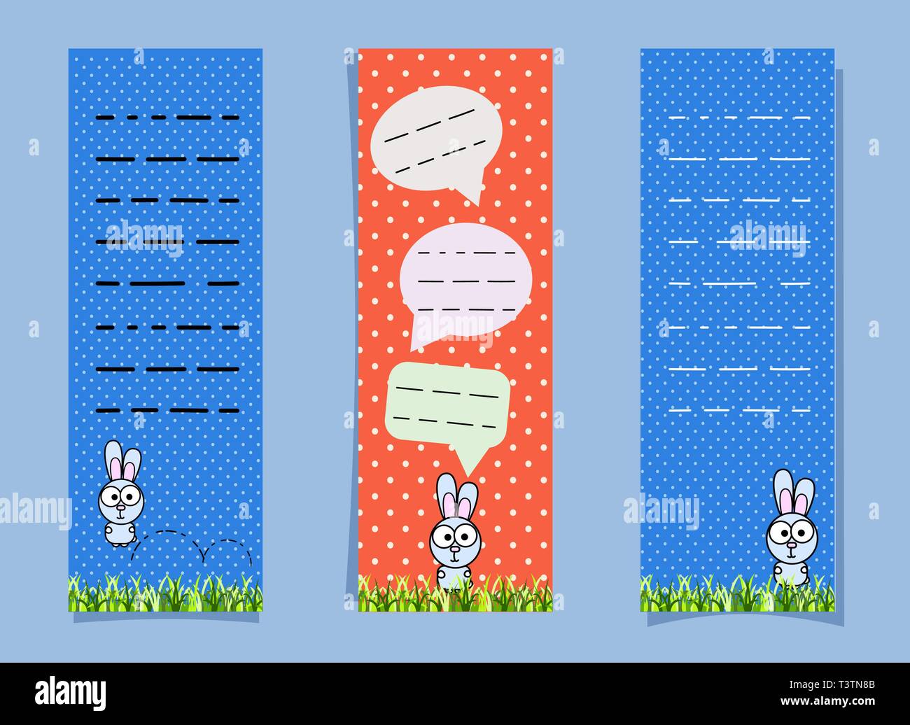 Cute bookmarks with bunny and conversational bubbles. Vertical banners. Orange, blue to white point and place for note. Rabbit jumping on the grass Stock Vector