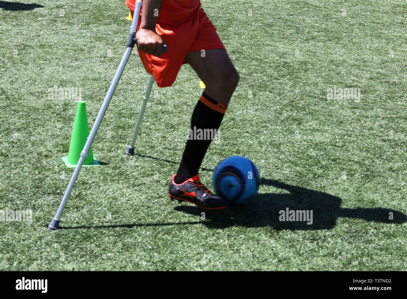 Preparation of the football match for people with disabilities Amputation, which will be held next Saturday in Gaza City, on April 11, 2019. for the f Stock Photo