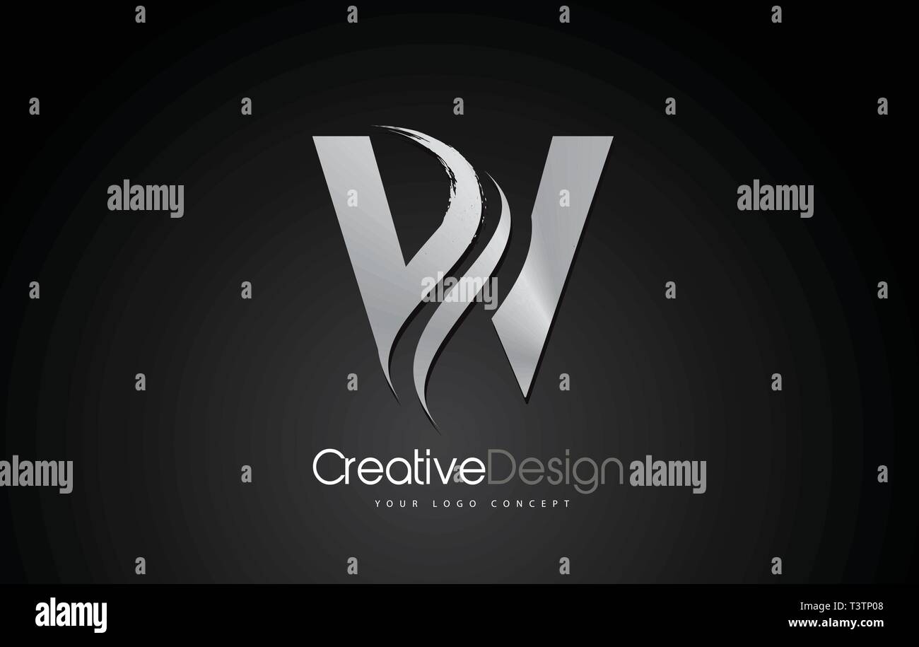 Silver Metal W Letter Design Brush Paint Stroke. Letter Logo with Black ...