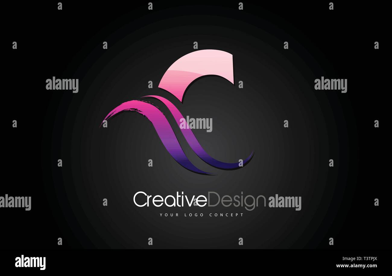 Purple Violet C Letter Design Brush Paint Stroke. Letter Logo on Black ...