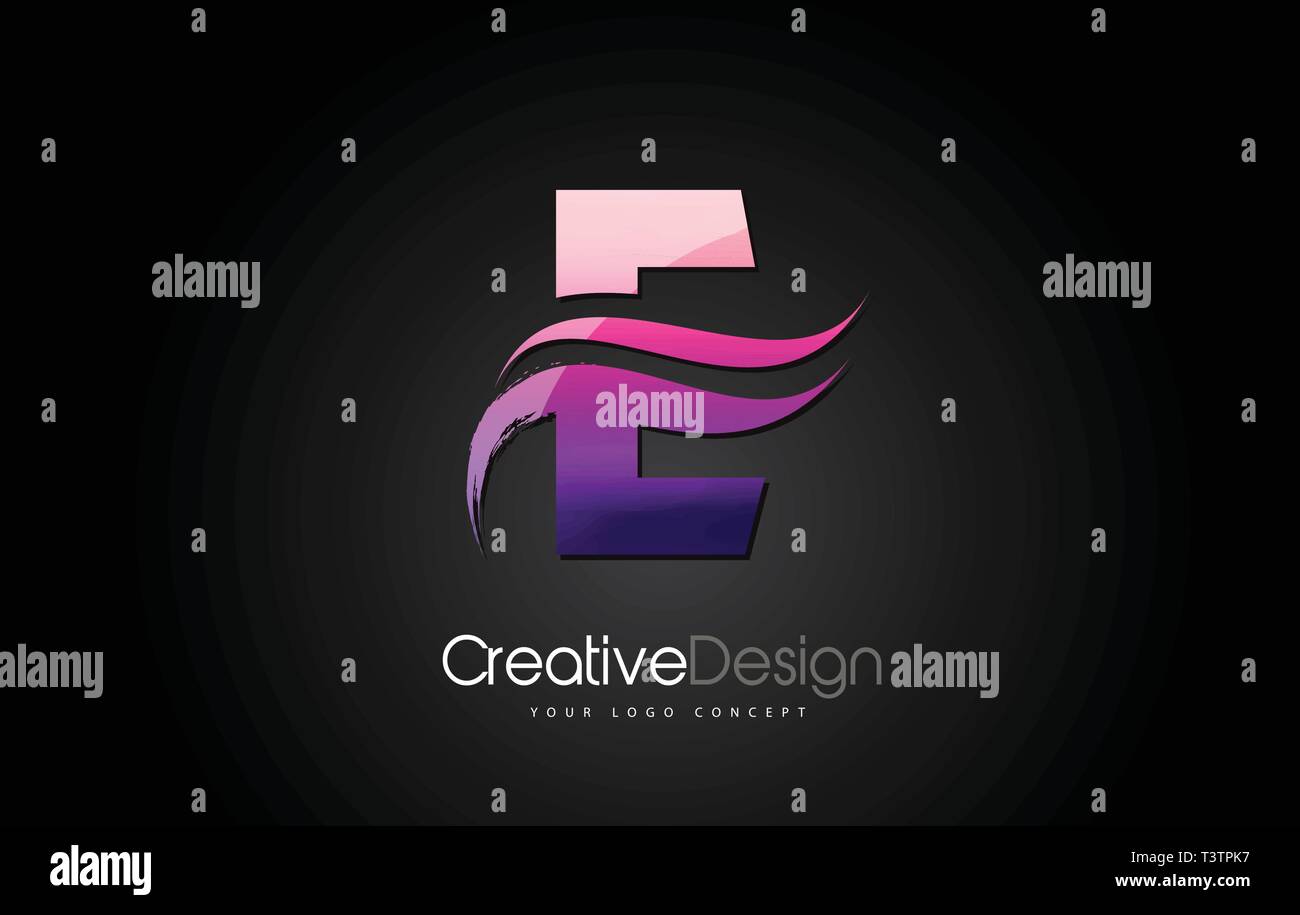 Purple Violet E Letter Design Brush Paint Stroke. Letter Logo on Black ...