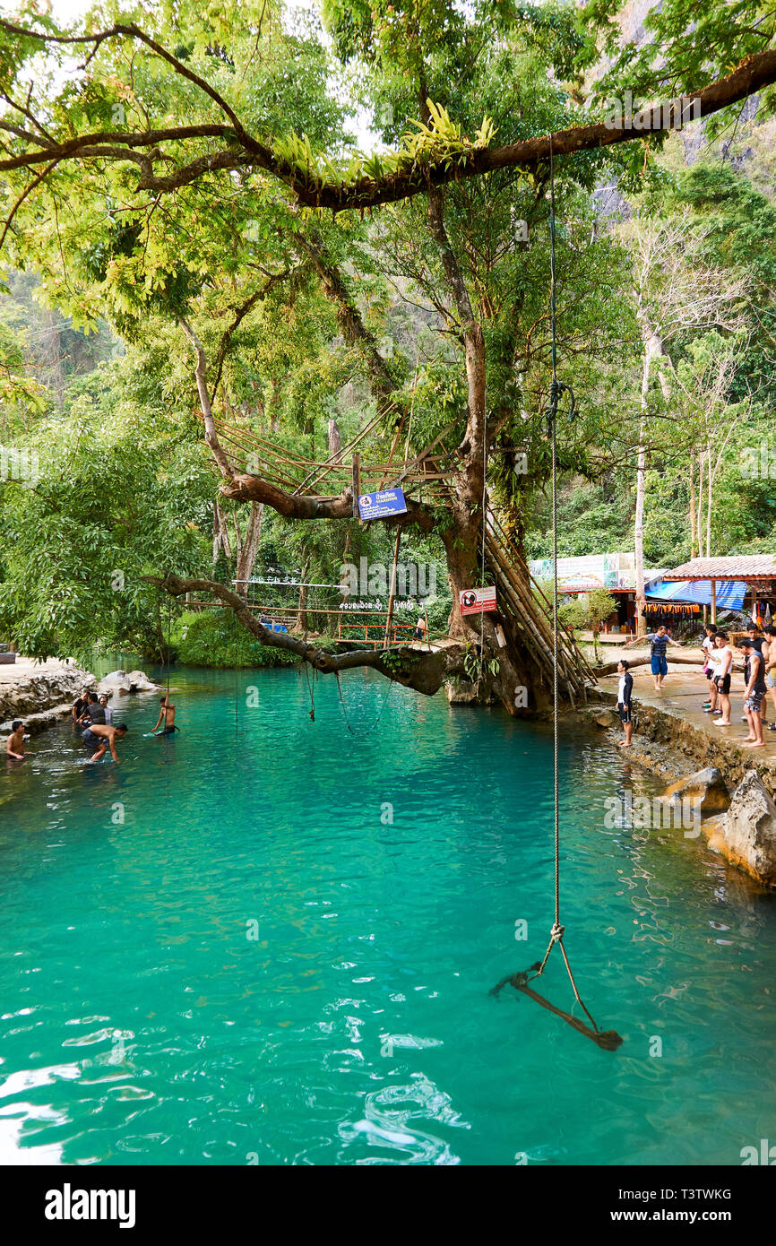 Blue lagoon in Vang Vieng, Laos, famous travel destination with clear