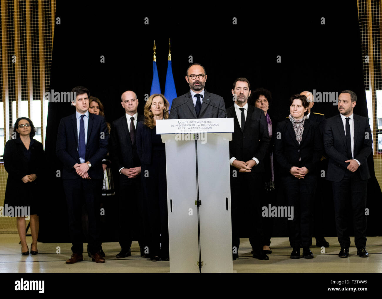 French Prime Minister Edouard Philippe seen speaking during the inter-ministerial committee on delinquency and Radicalization  prevention in Strasbourg. Stock Photo