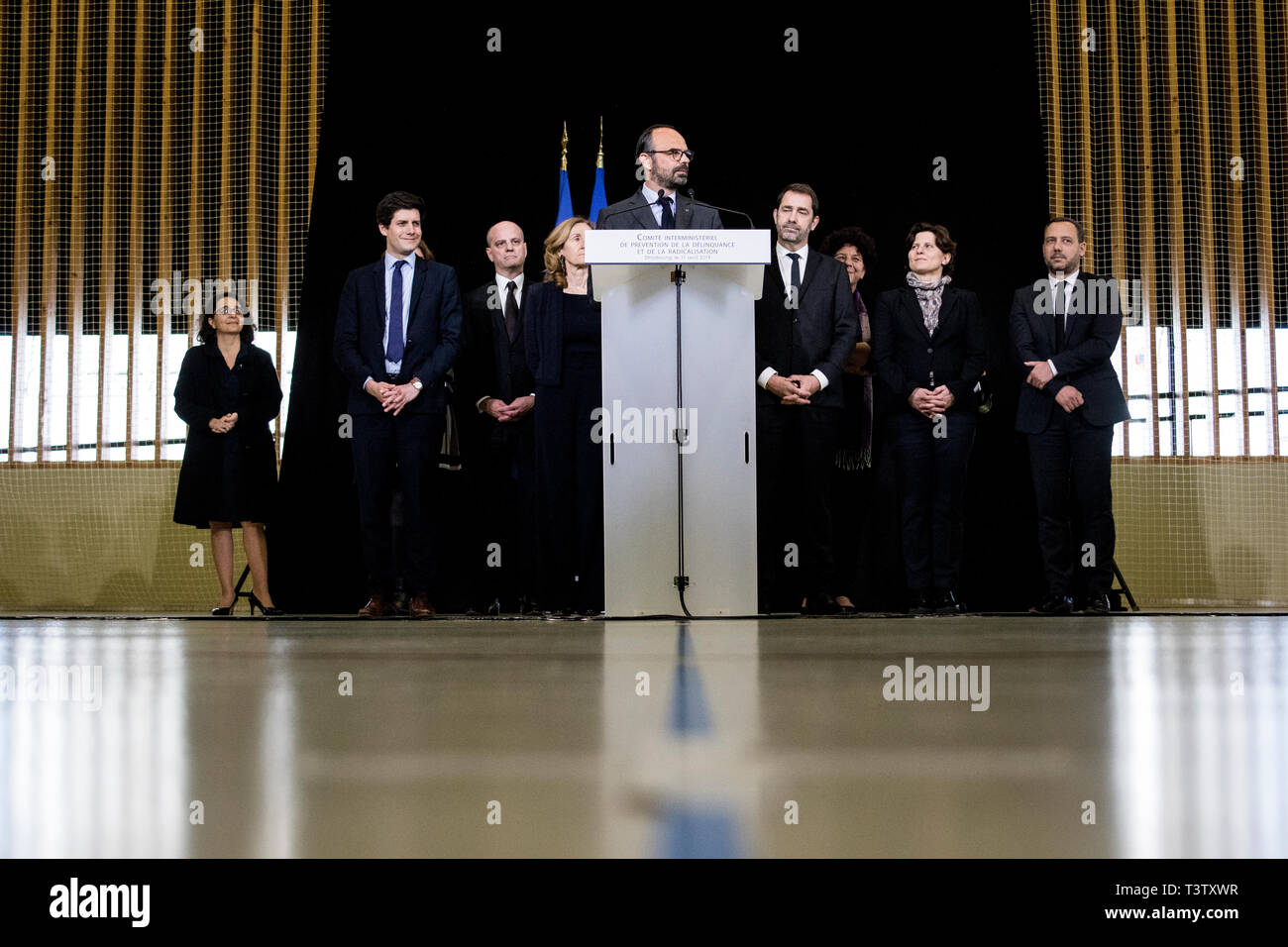 French Prime Minister Edouard Philippe seen speaking during the inter-ministerial committee on delinquency and Radicalization  prevention in Strasbourg. Stock Photo
