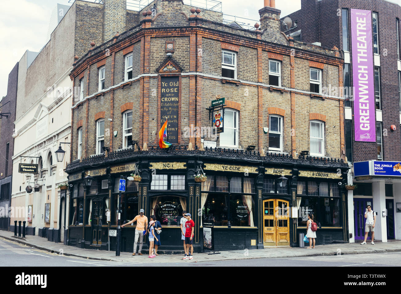 London, UK - July 23, 2018: Ye Olde Rose and Crown pub next to the Greenwich Theatre in Greenwich, South East London. Stock Photo