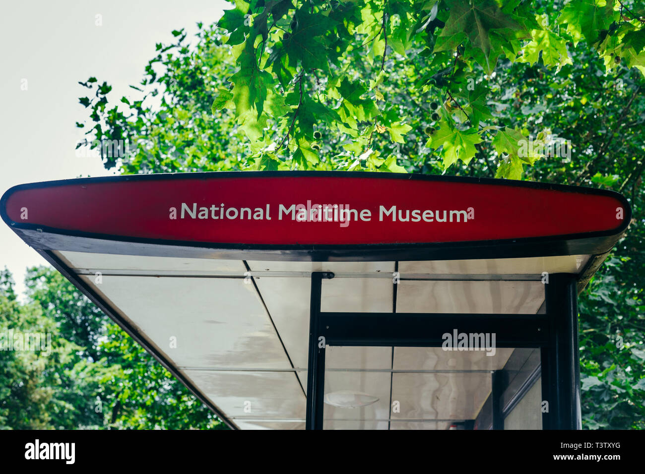 London, UK July 23, 2018 National Maritime Museum bus stop in the Greenwich, London, UK. A