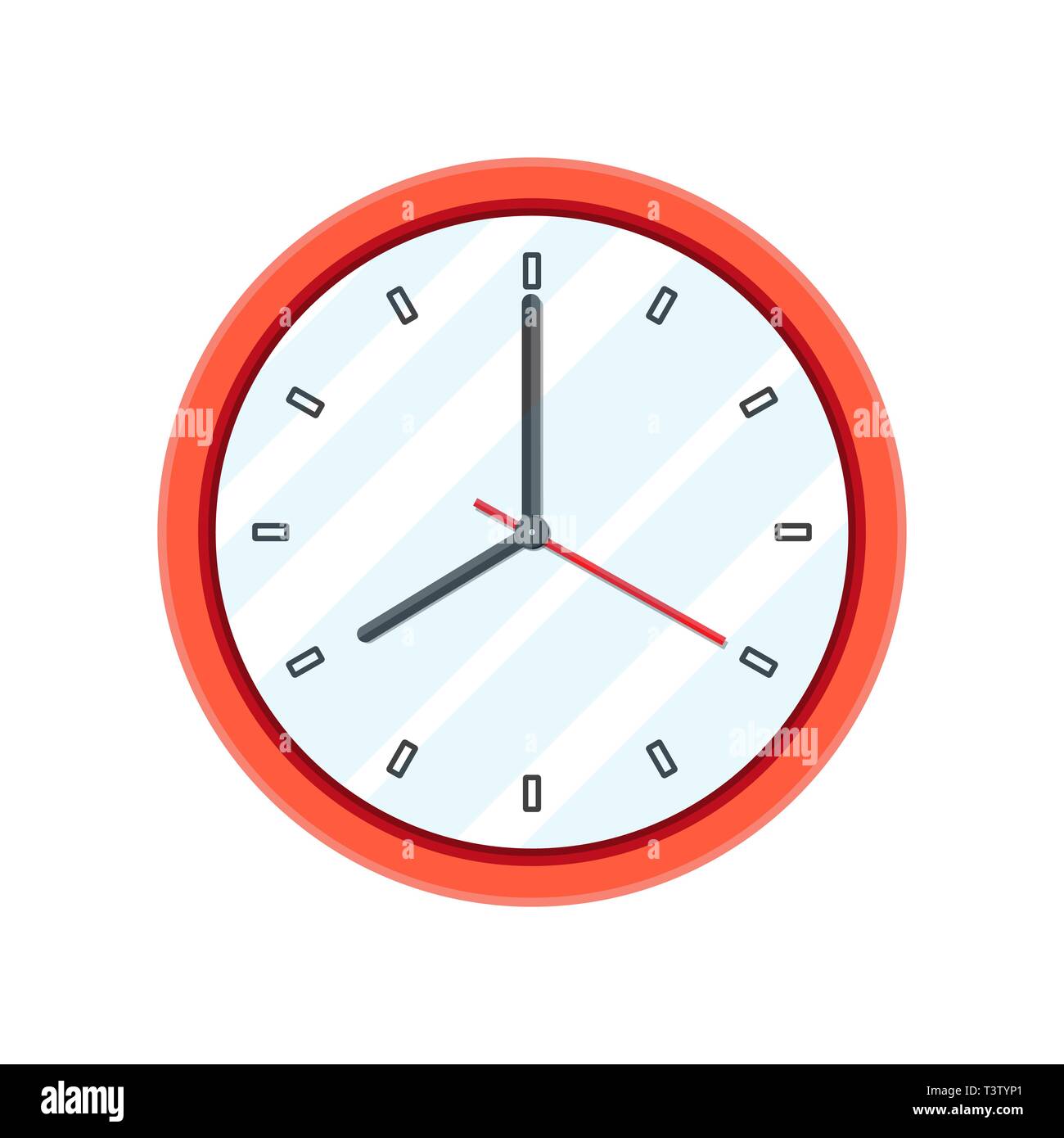 Simple classic red round wall clock. Clocks in flat style. Vector