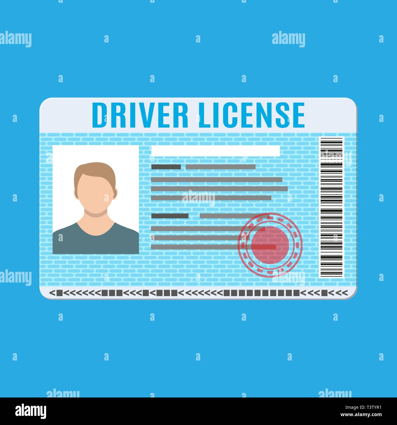 Car driver license identification card with photo. Driver license vehicle identity document. Stamp, barcode, plastic id card. Vector illustration in f Stock Vector