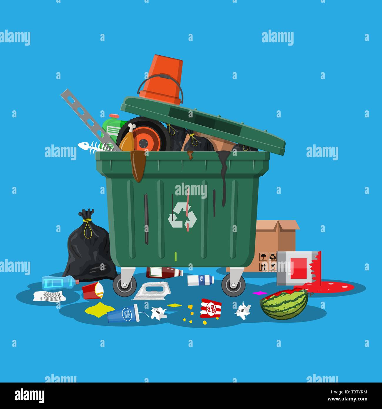 Plastic garbage bin full of trash. Overflowing garbage, food, rotten fruit, papers,containers