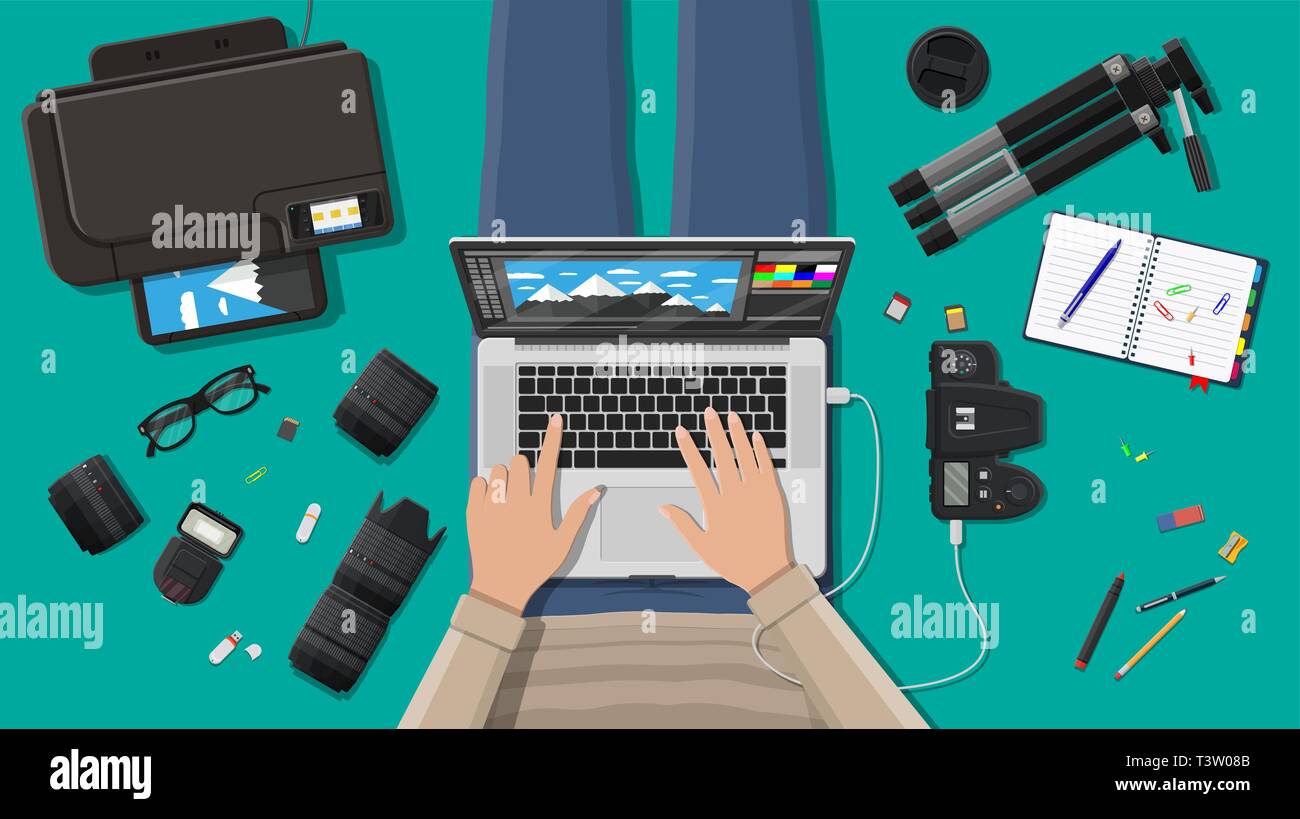 Workspace of freelance photographer. Laptop pc, printer. Photo camera, flash,  lens and memory card. Professional device for photography. Digital photo  Stock Vector Image & Art - Alamy