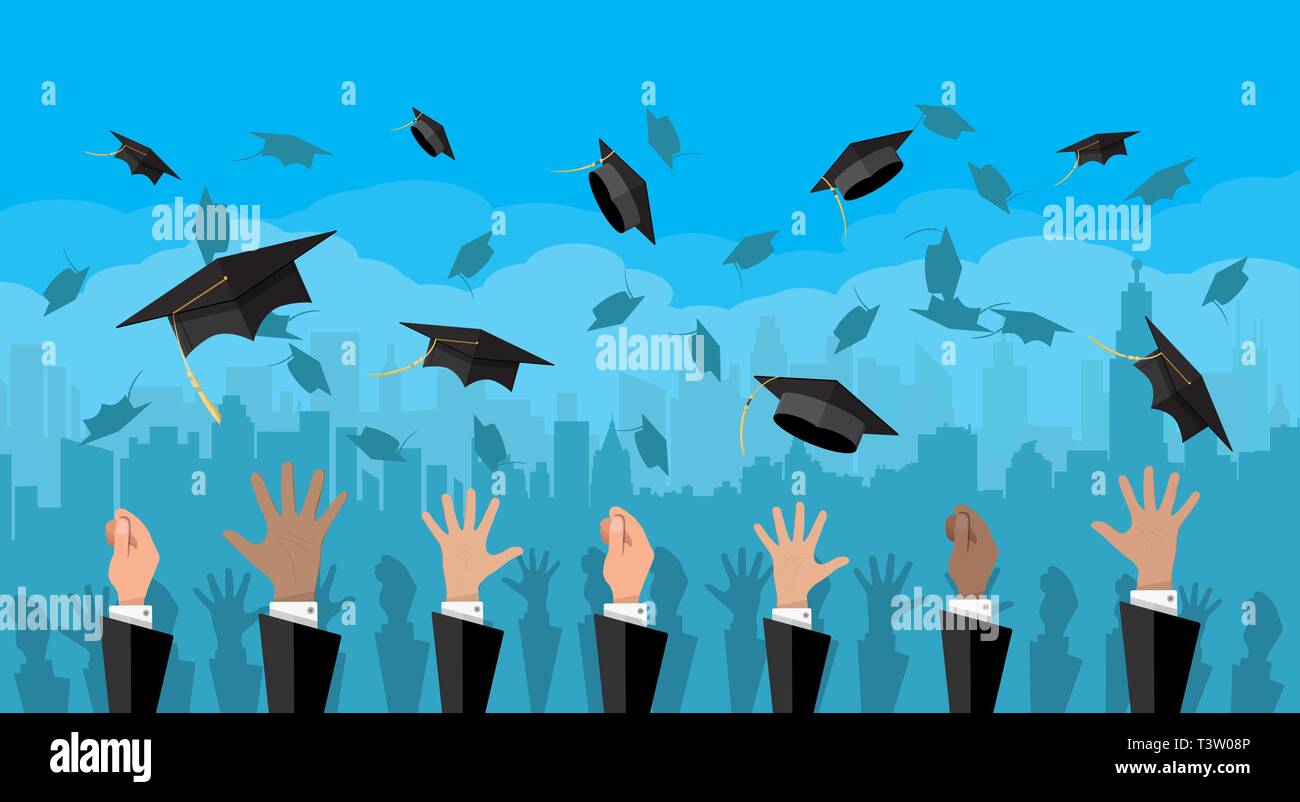 Hands of graduates throwing graduation hats in the air. Concept of ...