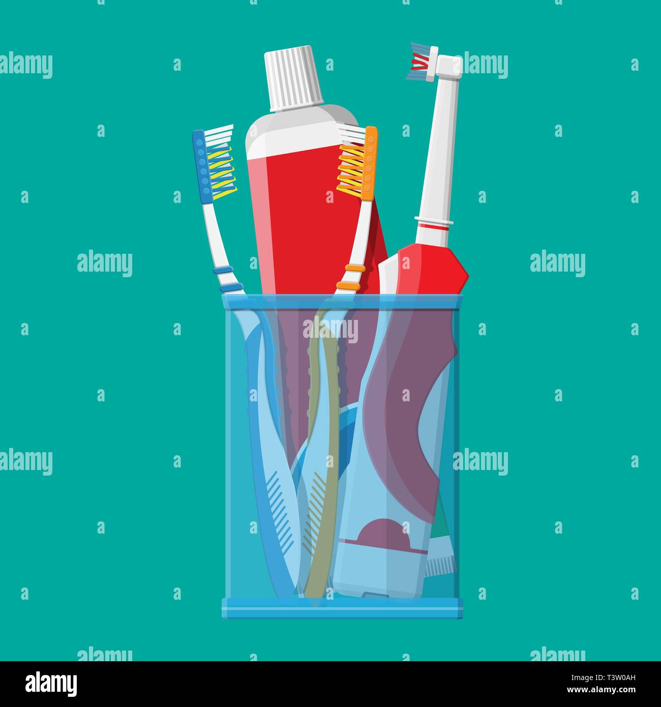 Manual and electric toothbrush, toothpaste in glass. Brushing teeth