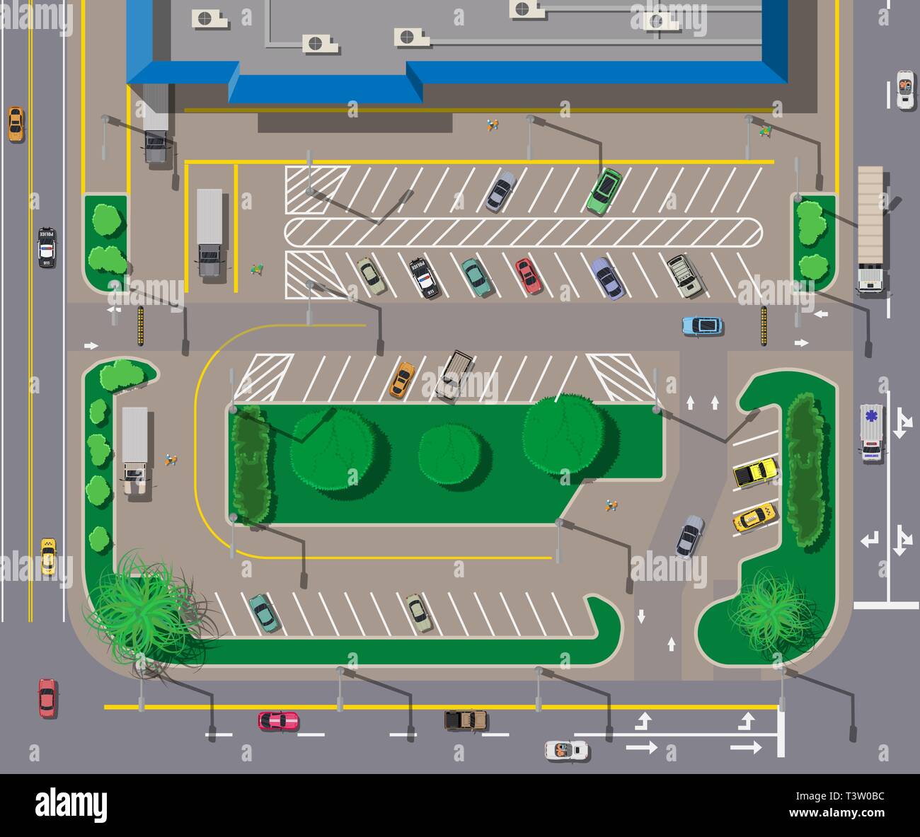 Big shopping center or mall and parking for cars. City parking lot with different cars. Tree