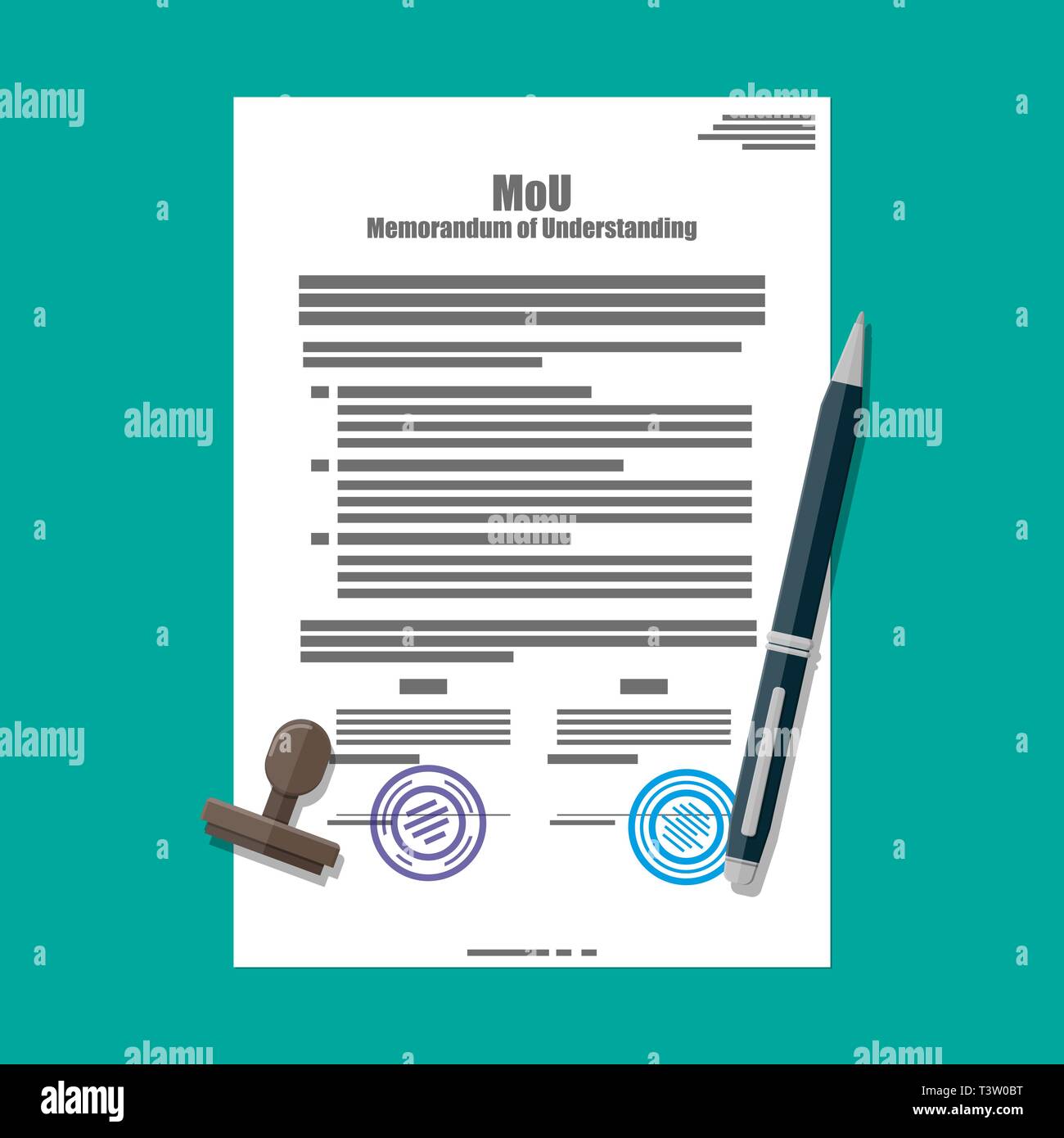 Memorandum of understanding document. Mou legal papers. Contract agreement  paper blank with seal. Rubber stamp and pen. Vector illustration in flat st  Stock Vector Image & Art - Alamy